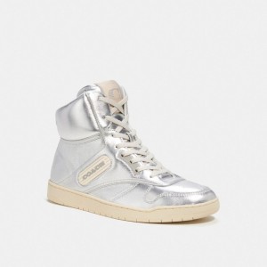 Basket Coach C202 High Top Sneaker Femme Argent | YQXWSLO-35