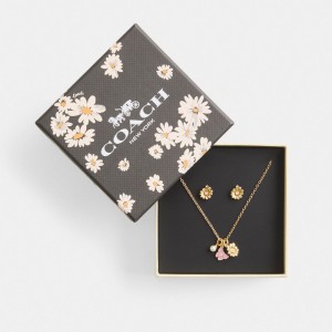 Bijoux Coach Garden Charms Pendant Necklace And Earrings Set Femme Doré Multicolore | PHNXRGD-69