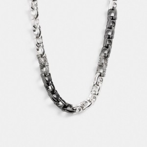 Bijoux Coach Pave Signature Mixed Chain Necklace Femme Argent | QYOLHDR-58