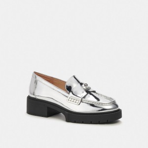 Chaussure Plate Coach Leah Loafer In Silver Metallic Femme Argent | PHSRWAX-97
