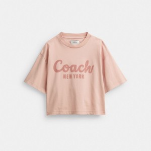 Hauts Coach Cursive Signature Cropped T Shirt Femme Rose | XVLENDI-96