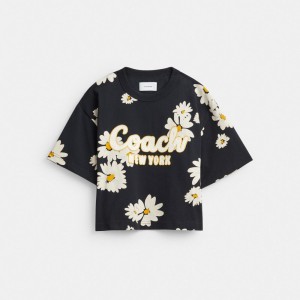 Hauts Coach Floral Cropped Signature Script T Shirt In Organic Cotton Femme Noir | SVTKHPJ-93