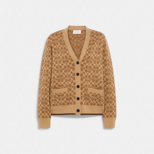 Hauts Coach Signature Cardigan Femme Marron | SXNQKCG-91