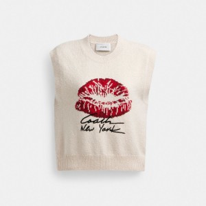 Hauts Coach Signature Kiss Print Sweater Vest Femme Blanche | OSEGYCJ-28