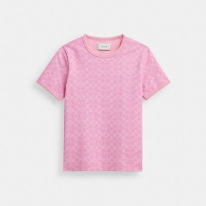 Hauts Coach Signature Ringer T Shirt In Organic Cotton Femme Rose | XITLFZG-89
