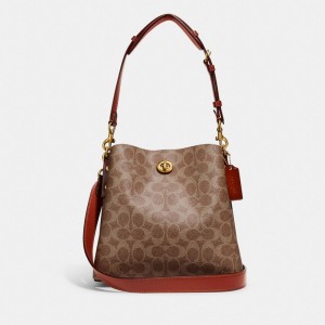Sac Porté Épaule Coach Willow Bucket Bag In Signature Canvas Femme Marron Rouge | CHMGFQK-65