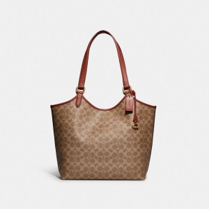 Sacs Fourre Tout Coach Day Tote Bag In Signature Canvas Femme Marron Rouge | MSUKEAW-92