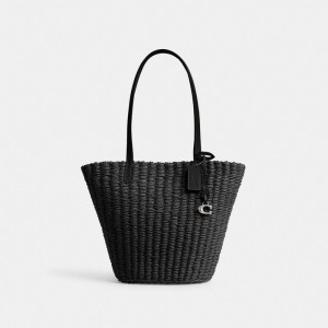 Sacs Fourre Tout Coach Small Straw Tote Femme Argent Noir | VUWLHPQ-19