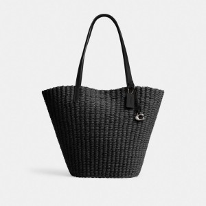 Sacs Fourre Tout Coach Straw Tote Femme Argent Noir | SXYPTIW-32