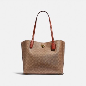 Sacs Fourre Tout Coach Willow Tote Bag In Signature Canvas Femme Marron Rouge | LCSWQVO-17