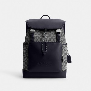 Sacs à Dos Coach League Flap Backpack In Signature Jacquard Homme Bleu Marine | WIODQMJ-43