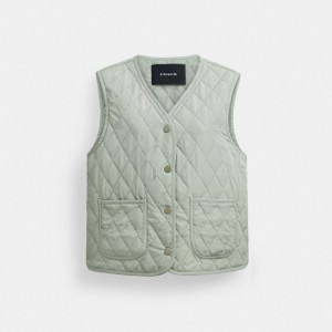 Vestes Coach Quilted Vest Femme Vert | WMDTLKY-69