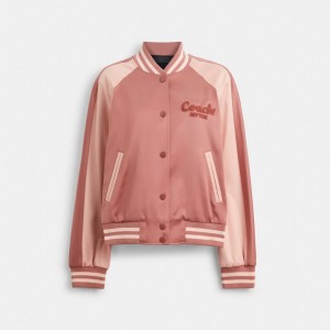 Vestes Coach Satin Varsity Jacket Femme Rose | ELQPMFJ-23