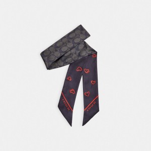 Écharpe Coach Hearts Print Silk Skinny Scarf Femme Noir Rouge | GJMNYWC-56
