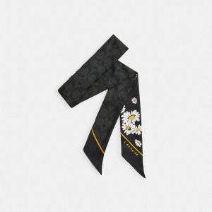 Écharpe Coach Signature Daisy Cluster Print Silk Skinny Scarf Femme Noir | BNSFVXU-51